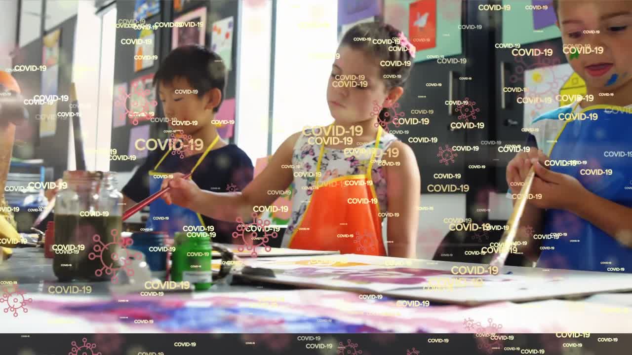 Covid-19 text concepts cells against group of kids in drawing class