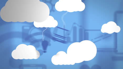 animación de iconos en línea y nubes digitales con dispositivos electrónicos sobre fondo azul