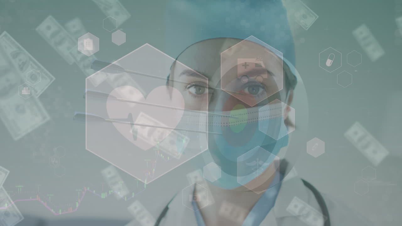 animazione di elaborazione dei dati e banconote su medico donna caucasica