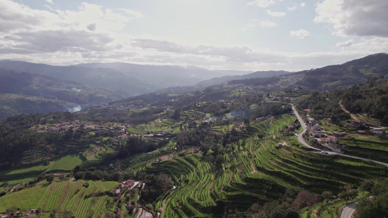 Drone che vola su un paesaggio caratterizzato da piccole fattorie e appezzamenti di agricoltura su piccola scala. Paesaggio tipico delle pendici del fiume Douro.
