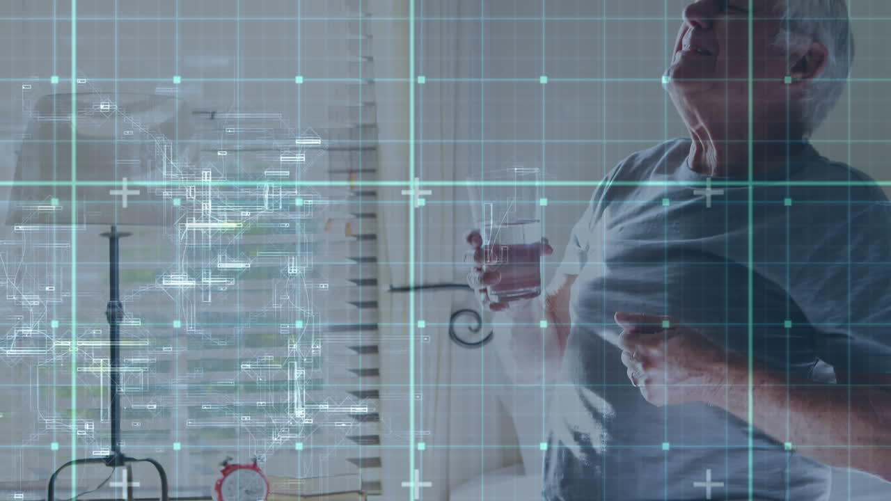 animación del procesamiento de datos digitales sobre hombres mayores que toman medicamentos