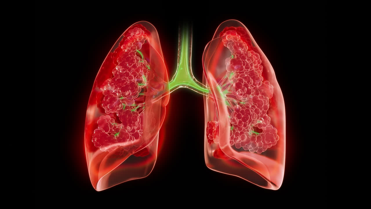 Polmoni umani trasparenti che mostrano una malattia polmonare in diffusione e alveoli danneggiati isolati su canale alfa