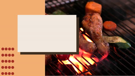 tablero en blanco y franja naranja contra la carne y las verduras en la parrilla de barbacoa