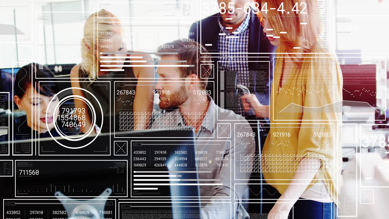 Animation of data processing over diverse business people discussing work