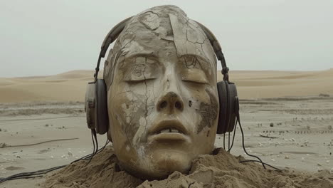 antiguas cabezas de piedra en un entorno desértico distópico con auriculares hechos con arte generativo