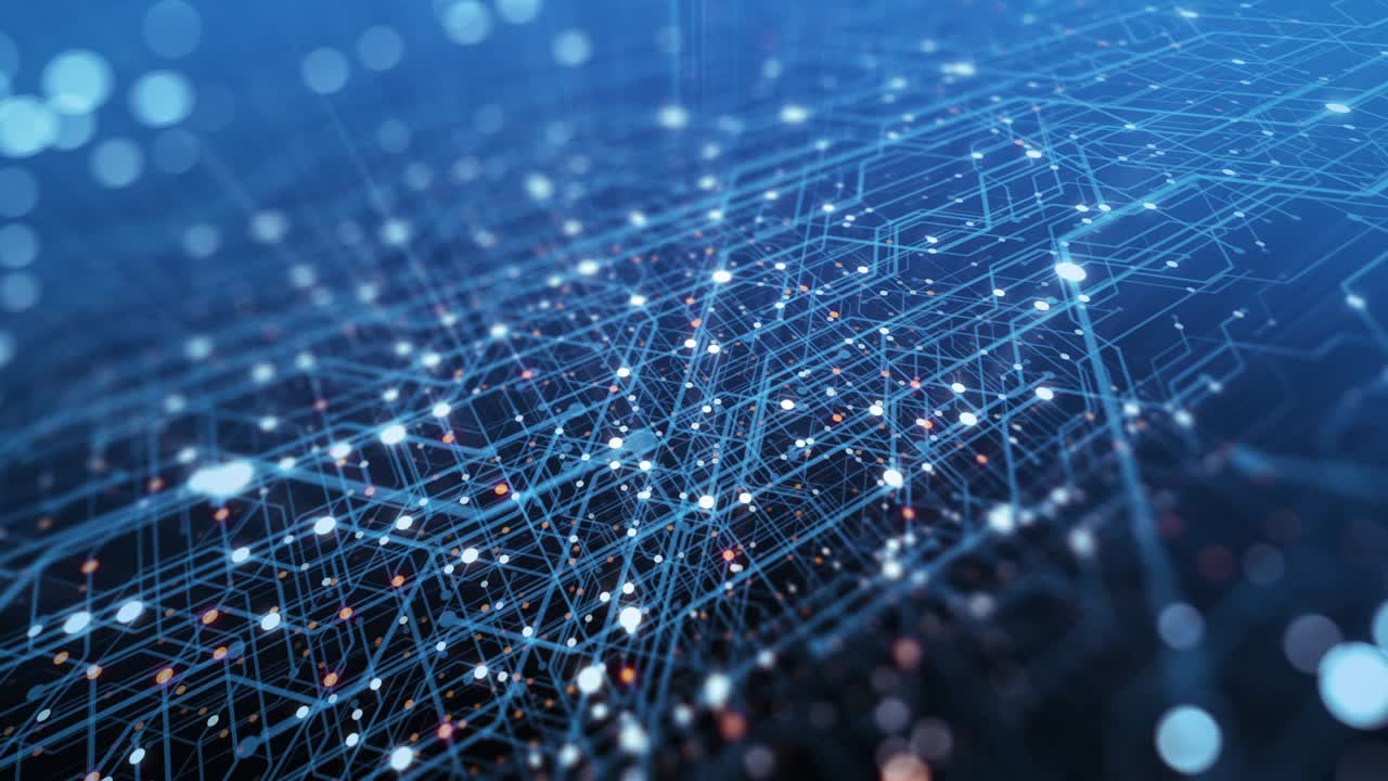 fondo tecnológico abstracto hecho de placa de circuito impreso. profundidad de efecto de campo y bokeh. conexiones a internet, computación en la nube y red neuronal, big data. renderizado en 3d, bucle sin costuras en 4k