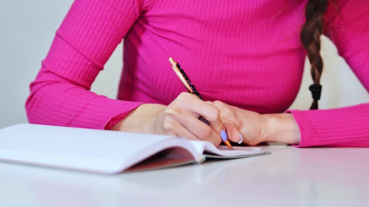 Donna con manica rosa che annota pensieri che mostrano riflessione, emozione e guarigione
