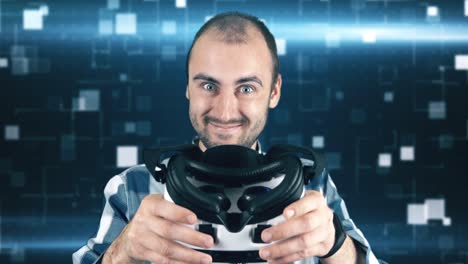 man excitedly using vr headset