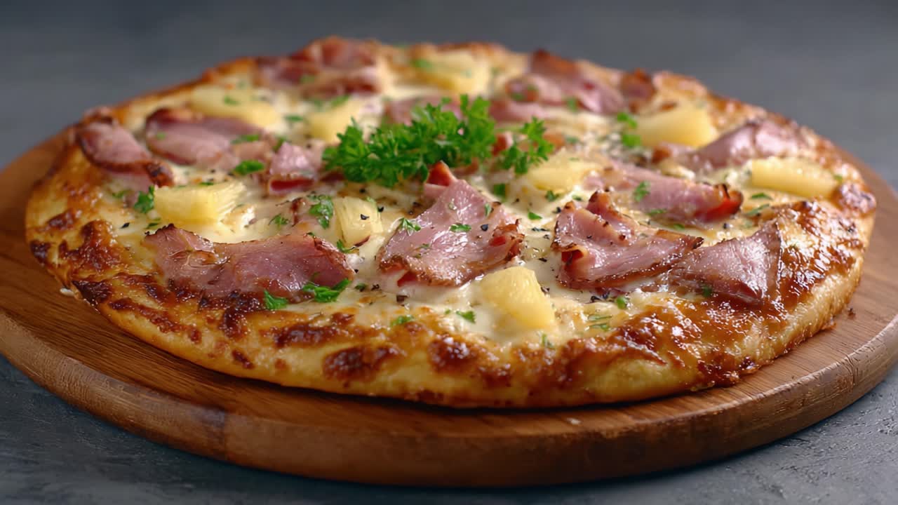 Pizza deliziosamente sfornata condita con prosciutto succoso, ananas ed erbe fresche, perfettamente dorata e filante su un piatto di portata in legno per ogni occasione