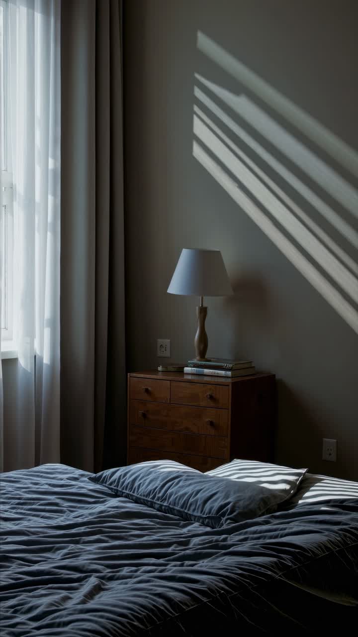 Moody bedroom scene with soft, natural light casting shadows. Shot from a low angle