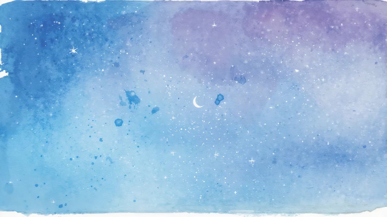 Pulsing star starting twinkling across night wash, splatters, crescent moon glowing, torn edge