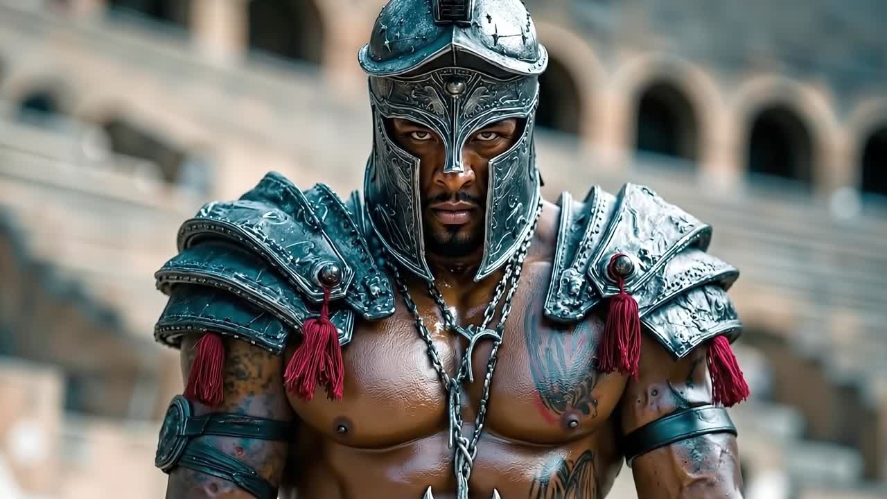 A man dressed as a spartan standing in front of a building