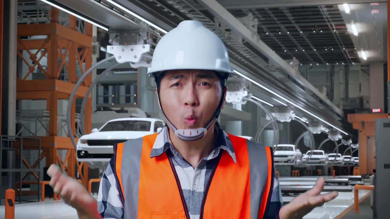 안전 헬을 입은 아시아 남성 엔지니어가 왜 ev 자동차 공장에서 의심스럽게 일하는지 말합니다.