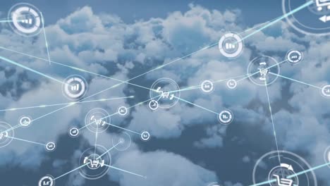 Animation-of-icons-connected-with-lines-over-aerial-view-of-dense-clouds-in-background