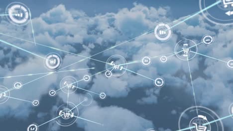animación de iconos conectados con líneas sobre vista aérea de nubes densas en el fondo
