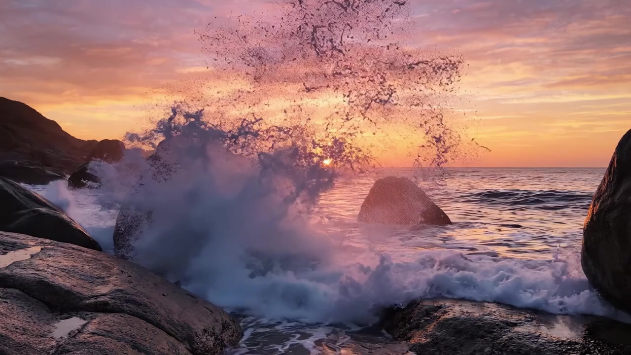Tramonto Sereno su Costa Rocciosa: Onde Accattivanti e Cieli Dorati che si Dispiegano in un Bellissimo Paesaggio Costiero Durante le Ore del Crepuscolo