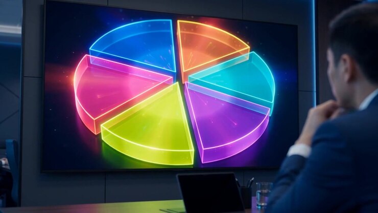 Large display with an abstract circular chart of glowing colored segments no labels or values