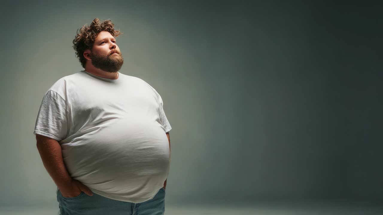 A man confidently presents his authentic self, embracing his body in a neutral and artistic setting, as he stands and moves with self-assurance and individuality