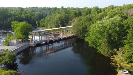 Aerial-View-Of-Wasdell-Falls-And-Hydro-Electric-Plant-In-Muskoka,-Simcoe,-Ontario,-Canada