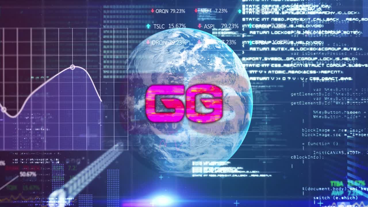 Animation of 6g text, scope scanning over globe and data processing