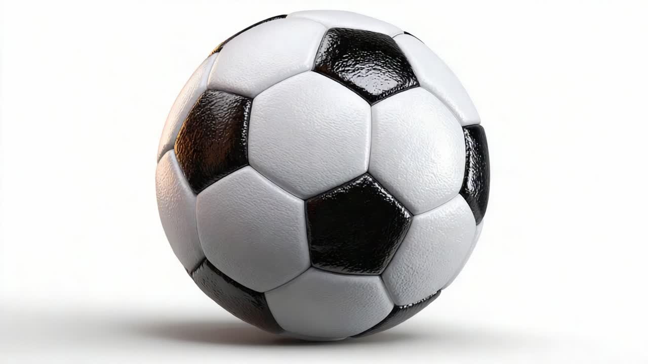 Un classico pallone da calcio reso con dettagli elevati su uno sfondo bianco pulito, che mette in mostra il suo iconico motivo esagonale bianco e nero e la finitura lucida.