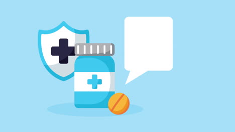 medical illustration with bottle, pill, and shield