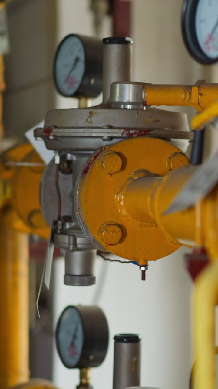 Steel gas transporting pipeline with fittings and pressure meters in mechanical room closeup. Pipes for flammable fuel delivering for water heating