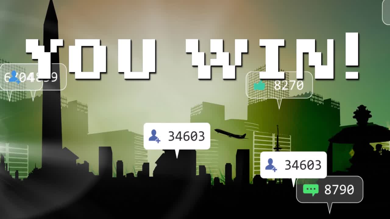 도시 풍경 위에서 성장하는 텍스트와 숫자를 이기는 애니메이션