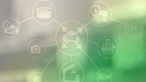 red de iconos digitales contra el almacén en el fondo