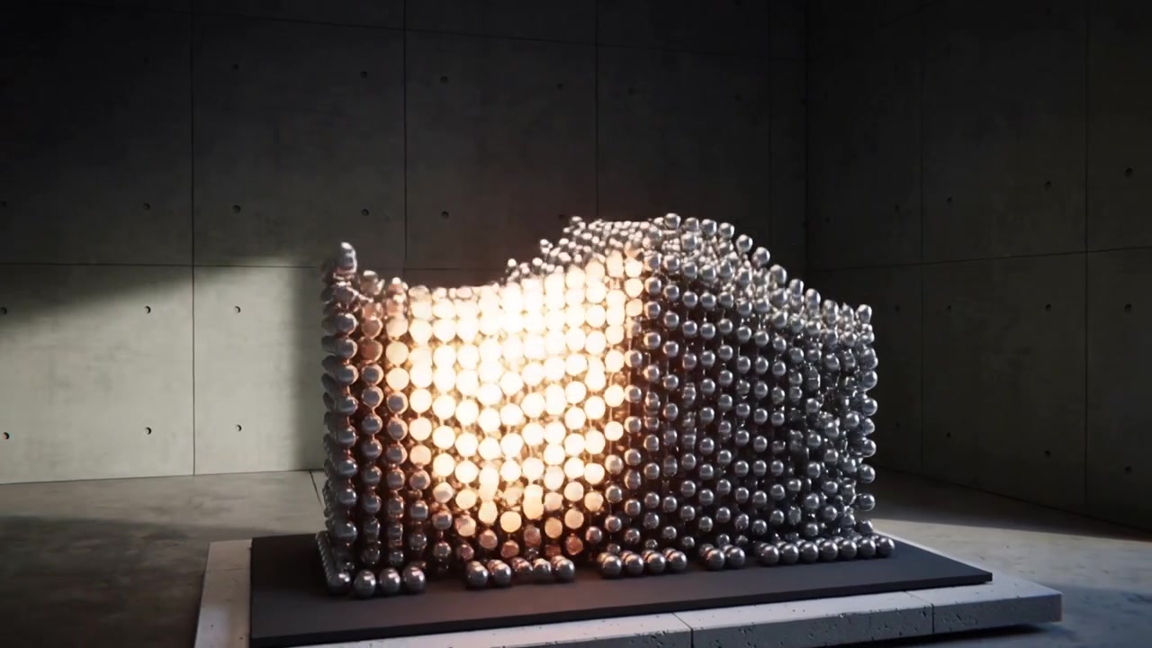 Timer starting programmed metal sphere array shifting into V in concrete gallery