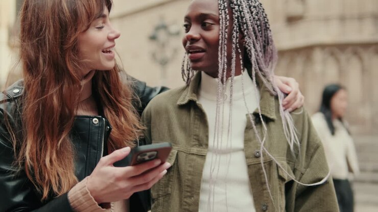 Deux jeunes amies riant et regardant un smartphone