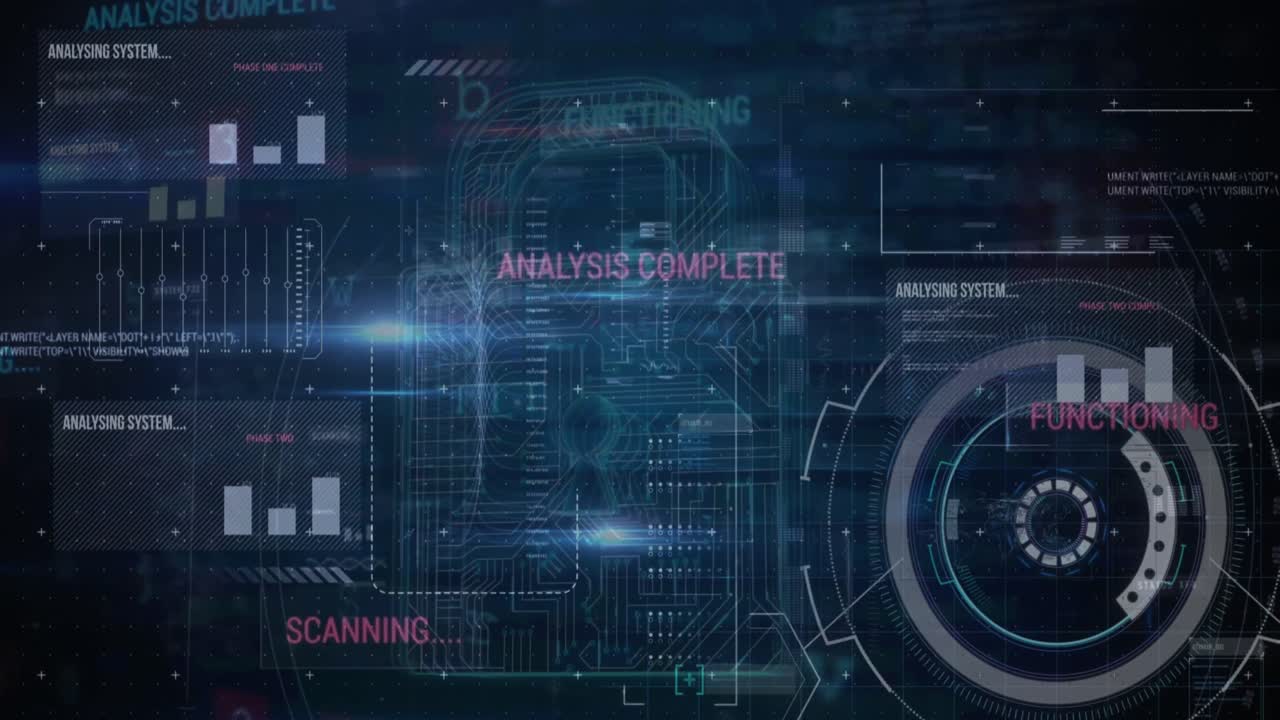 Animation of security padlock and data processing over navy background