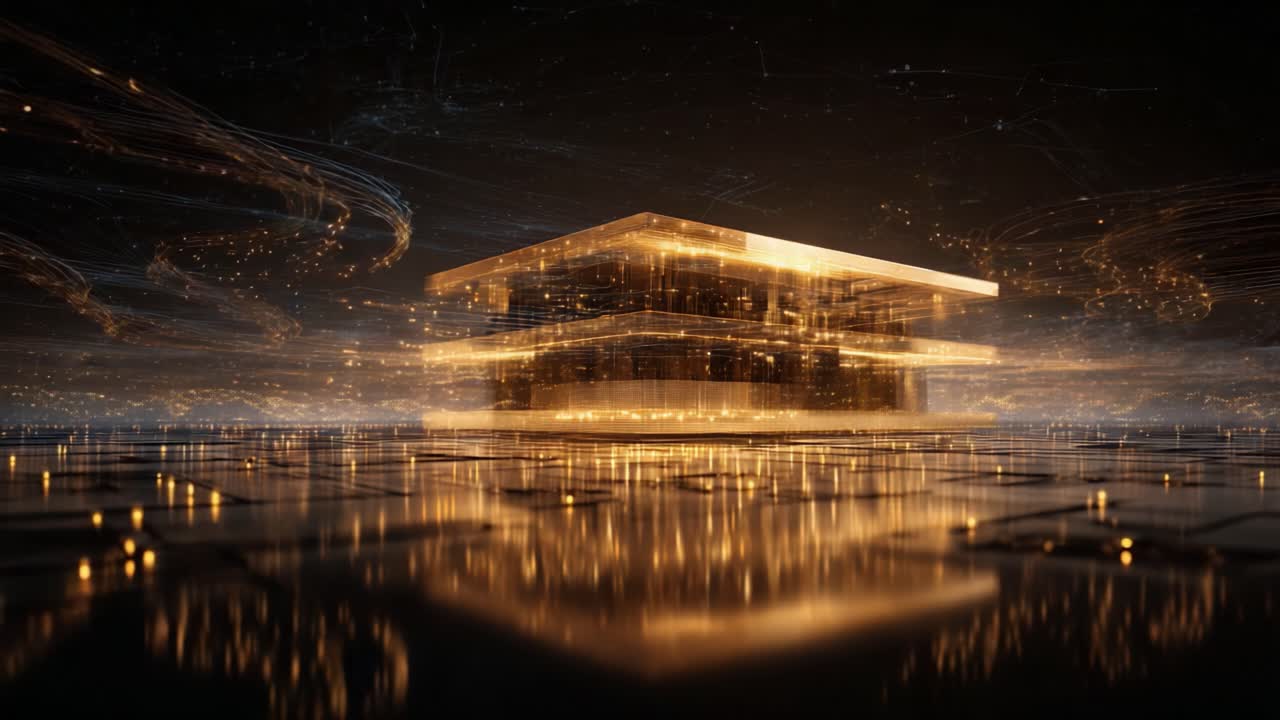 A Stunning Glimpse into a Futuristic Golden Structure Surrounded by Ethereal Light Trails, Illuminated Reflections, and Mesmerizing Digital Backdrops Creating a Captivating Atmosphere of Innovation and Technology