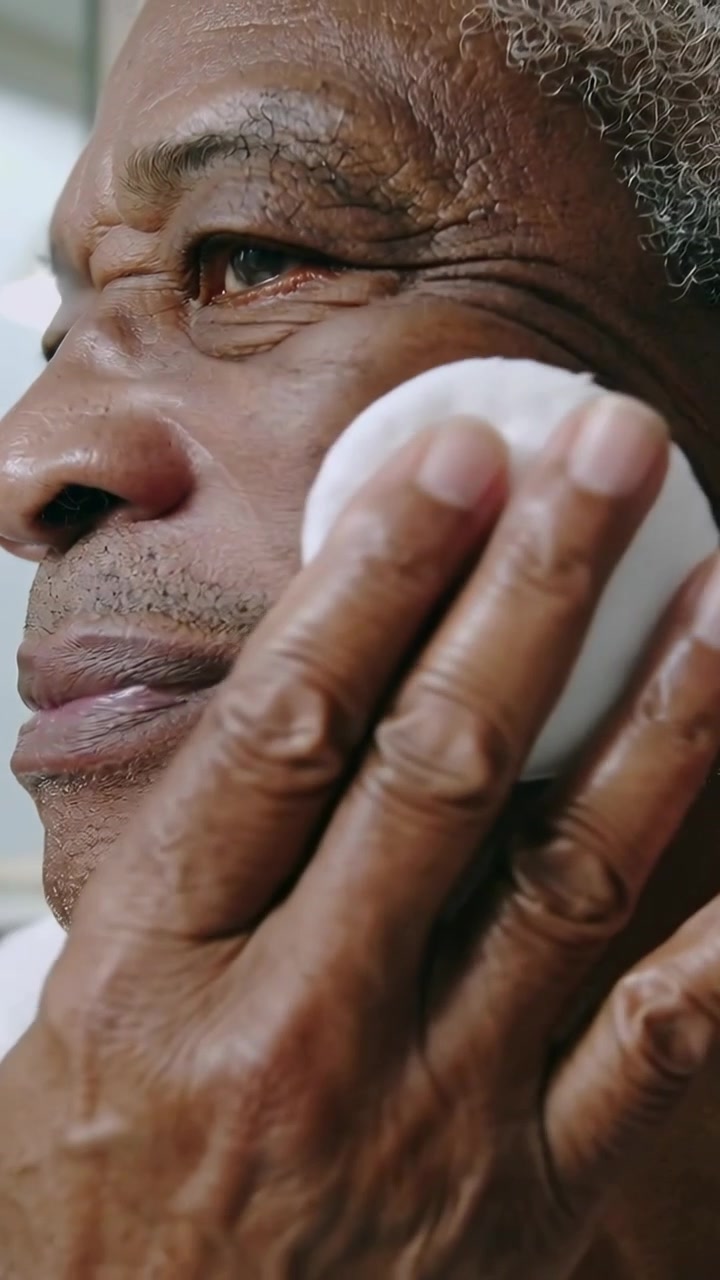 Vertical video: Raising cotton pad, older man cleansing jawline at sink in robe for skin
