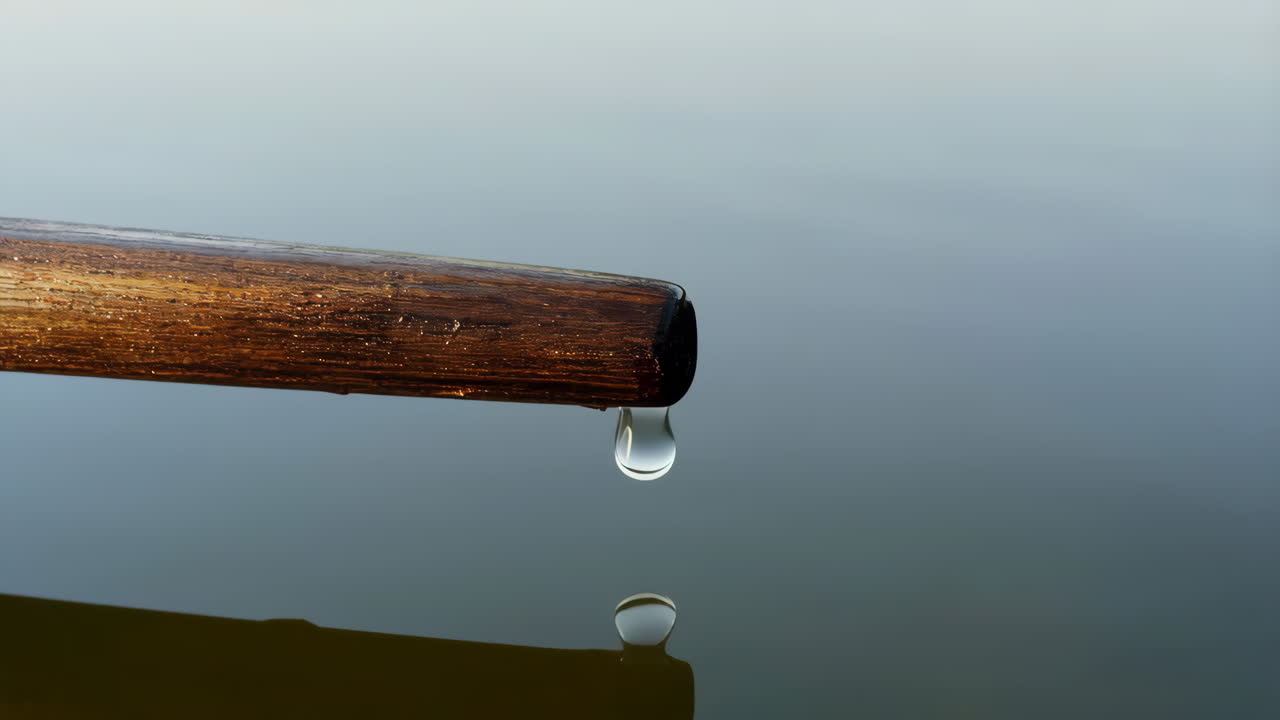Water dripping from a wooden stick creates ripples on a calm surface