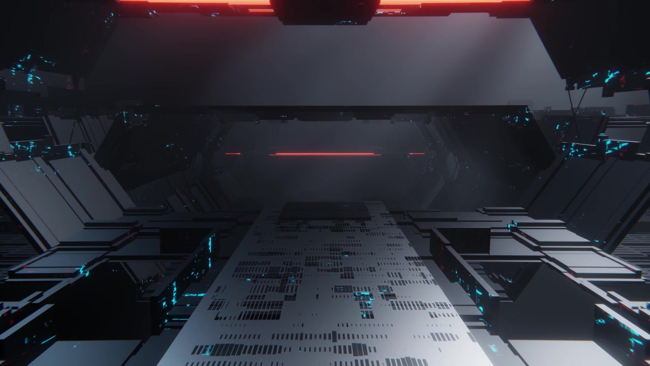 Futuristisk mørk sci-fi-korridor med glødende røde neonlys