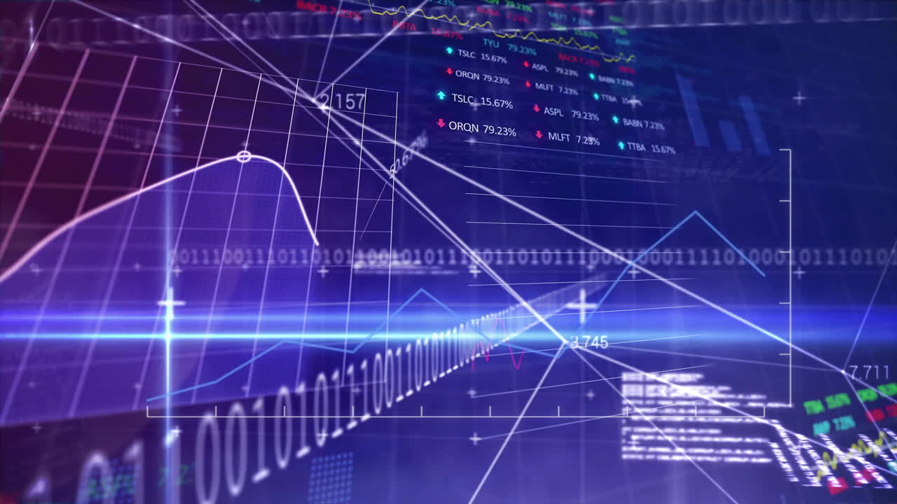 Binary code and financial graphs overlaying digital data processing animation
