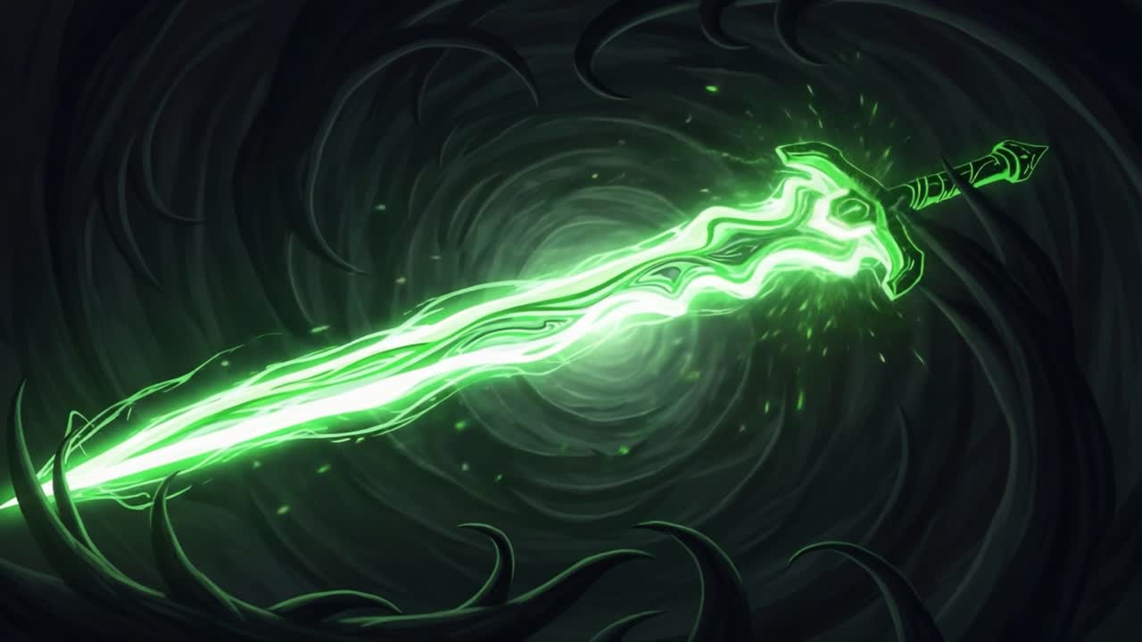 An Enigmatic Green Sword Glowing Vividly Amidst a Dark Twisted Background, Evoking Mystical Power and Intrigue for Fantasy Enthusiasts