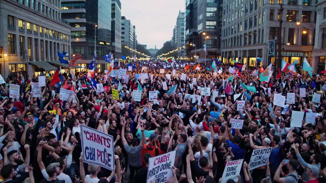 Wide-angle shot of a vibrant city protest, capturing diverse crowds with flags and signs