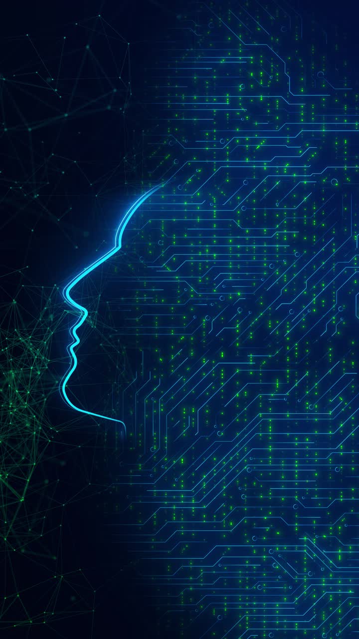 Future ai tech machine learning face outline circuit board and binary data flow on blue 3d