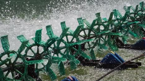 Shrimp Farming In Son Hai, Vietnam With Aerator Pumps For Water Oxygenation. close up