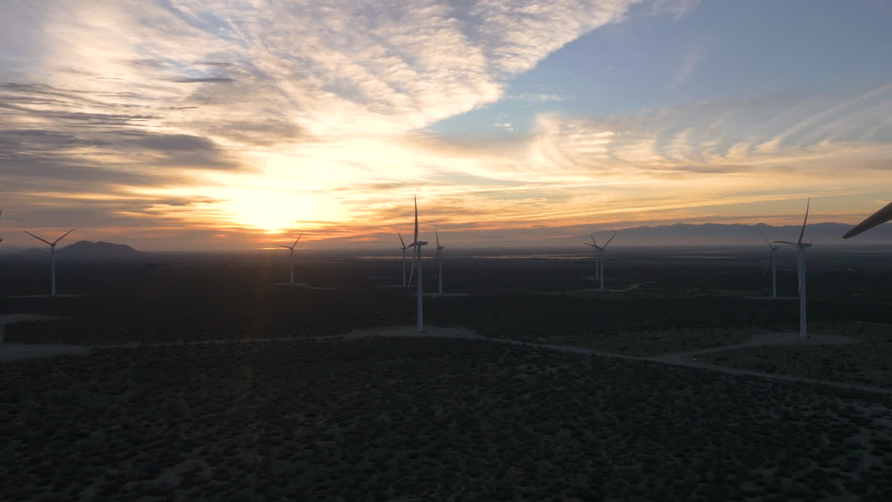 Wind Farm at Sunset with Wind Turbines in a Desert Landscape