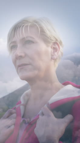 feliz caucásica mujer mayor caminando en las montañas sobre nubes de rápido movimiento