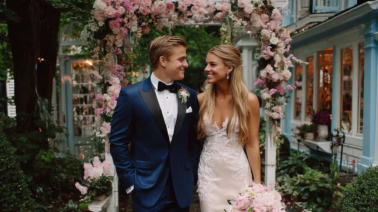A Romantic Moment Captured at a Beautiful Wedding Ceremony Amidst Lush Floral Decorations and Joyful Atmosphere, Showcasing Love and Elegance in Every Detail