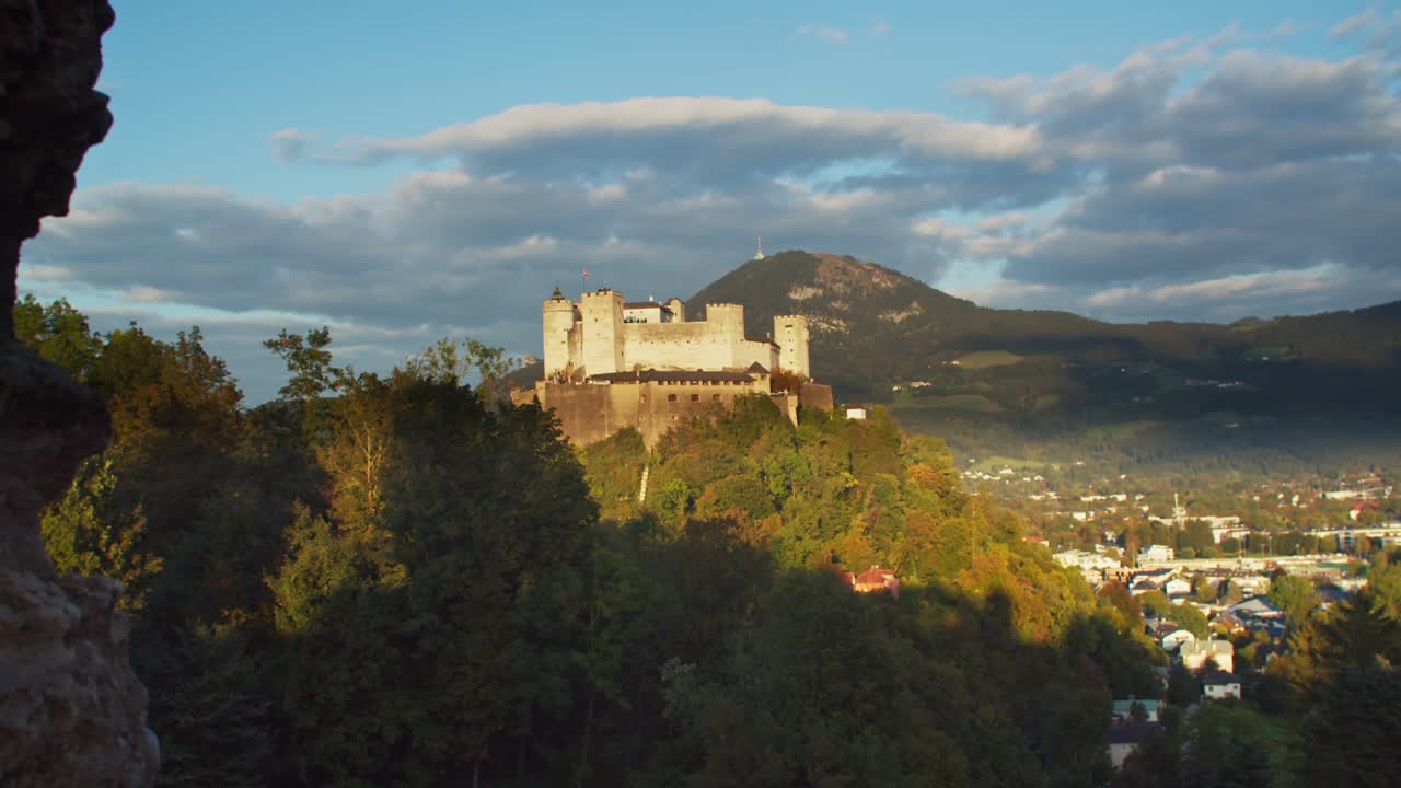 Static view of Hohensalzburg fortress, Salzburg Austria, establishing shot