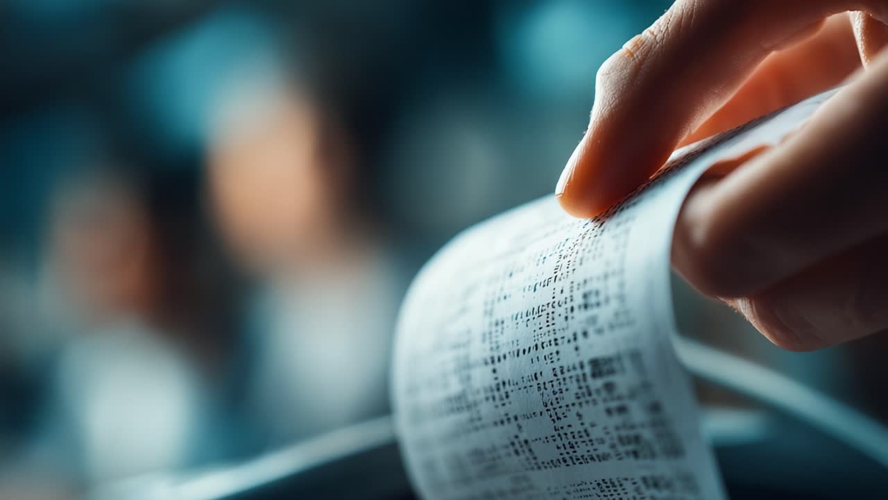詳細なレシートを持つ手をクローズアップし、現代の金融取引における書類作成と記録管理の重要性を強調しています。