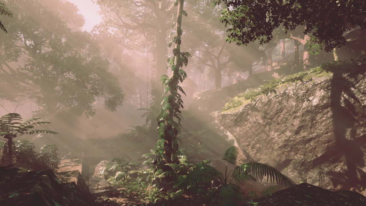 una escena de selva exuberante con niebla y luz solar