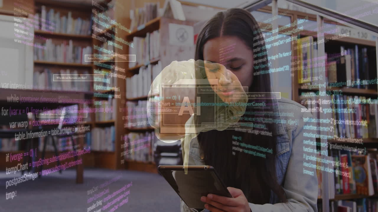 animación de un texto y datos sobre una estudiante biracial en hijab con una tableta