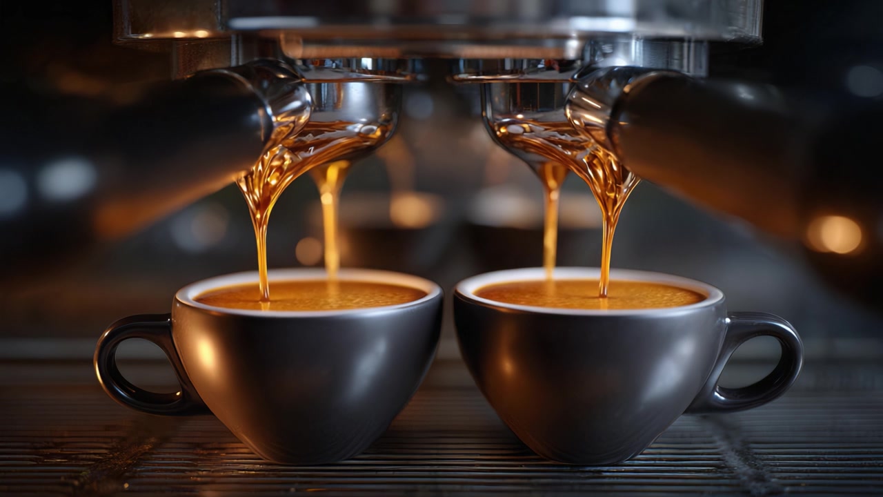 Håndværksmæssig kaffebrygning: Rig espressoekstraktion fra dobbelte udløb ned i to elegante sorte kopper til din morgenperfektion.