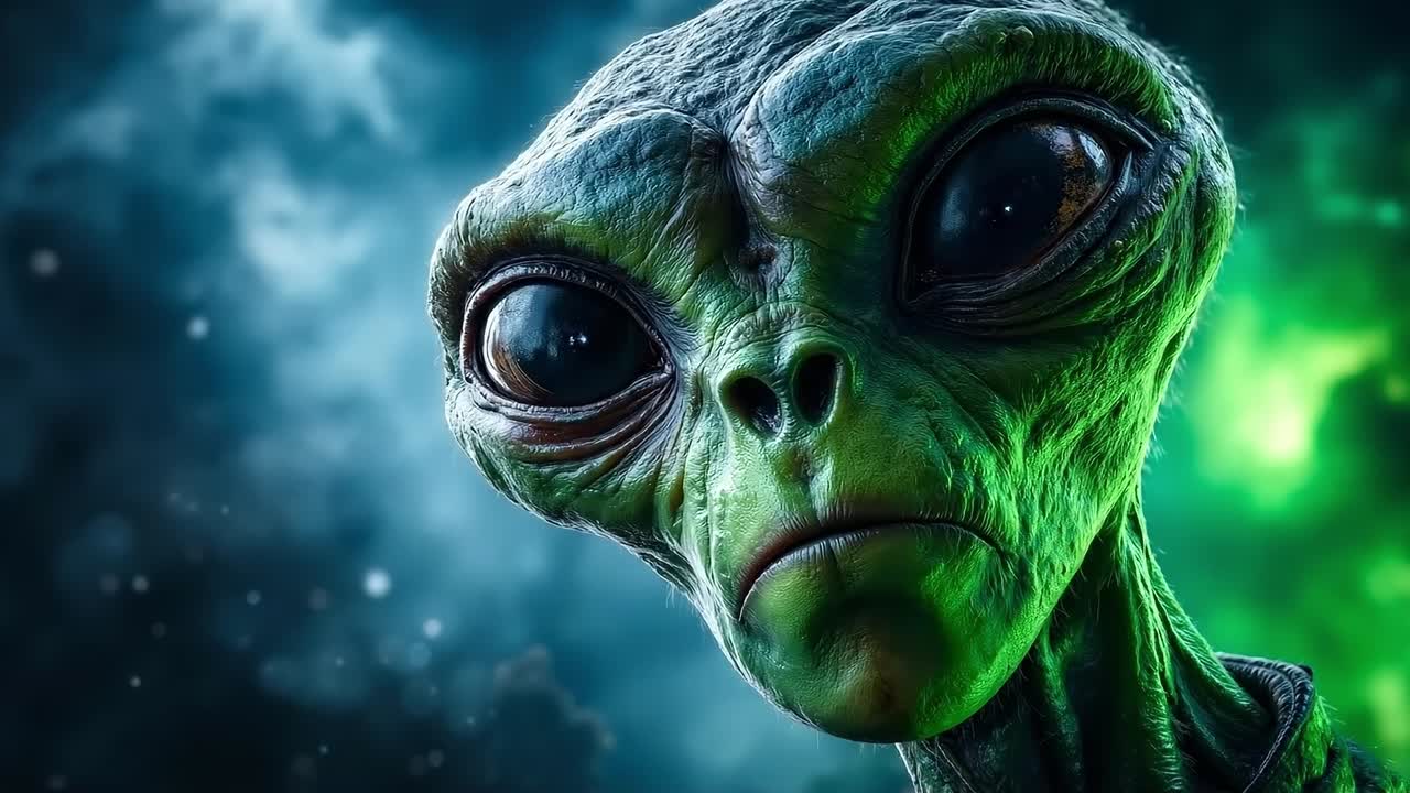 A close up of an alien face with a green background